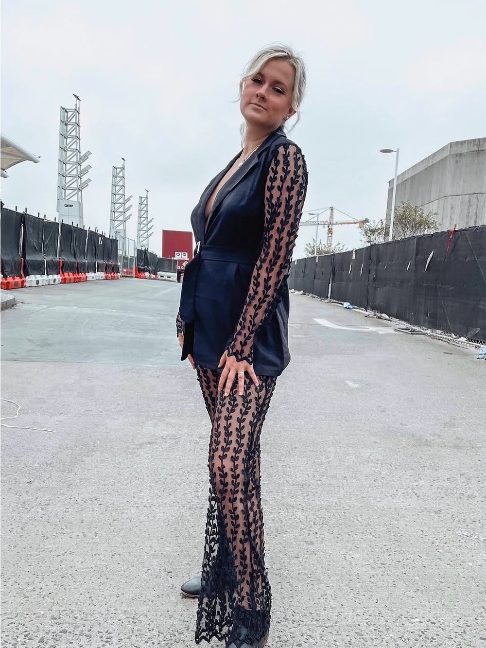 PrettyLittleThing Woven Black Sheer Lace Sleeve Belt Blazer and Flared Trousers - Picture 8 of 14